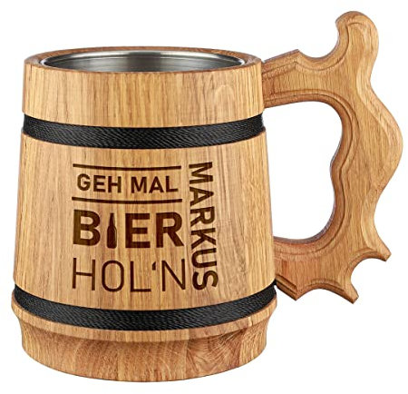 polar-effekt Bierkrug mit personalsierter Gravur - 500 ml - aus Eichenholz 19,5 cm - mit Edelstahleinlage - Bier, Weizen - Geburtstag, Weihnachten, Jubiläum - Motiv GEH mal Bier hol'n