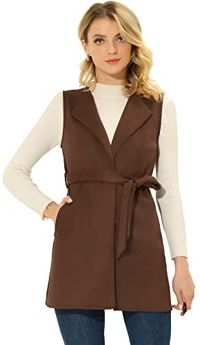 Allegra K Damen Strickjacke Ärmellos Wildleder Revers Kragen Bindegürtel Lange Weste Braun XS