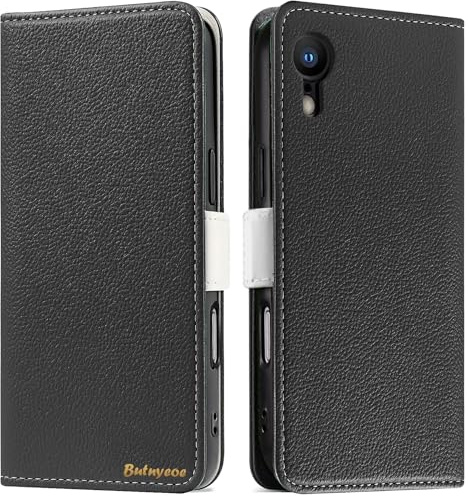Butnyeoe Handyhülle für iPhone XR Klappbar Hülle,Litschi Textur Leder Wallet Schutzhülle Tasche Flip Cover Case,Magnetic Closure Klapphülle mit Kartenfach Standfunktion,Schwarz