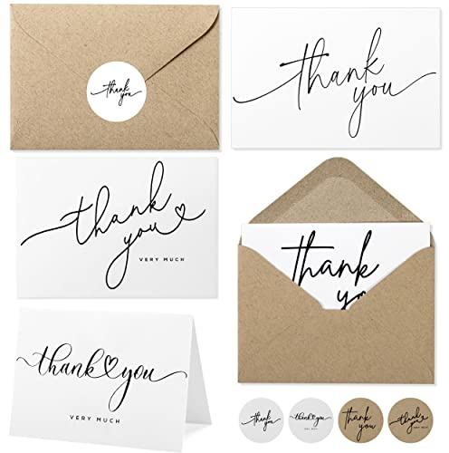 Layneria 100 Bulk Thank You Cards with Kraft Envelopes and stickers - 4 Minimalistic Designs Blank Thank You Notes with Envelopes for business Wedding Bridal Gift Baby Shower Business Graduation