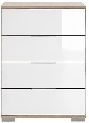 Lomadox Schlafzimmer Nachttisch Nachtschrank in Eiche sägerau Nb. mit weißem Glas, B/H/T ca. 52/74/38 cm