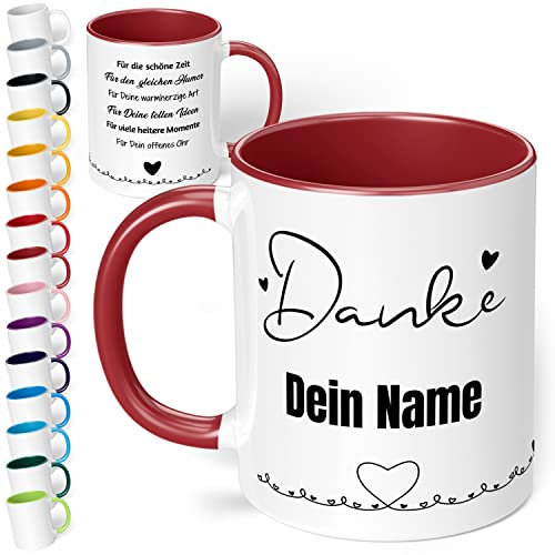 Dankeschön Geschenk für Freunde & Kollegen: Danke Tasse mit Namen „Danke für die schöne Zeit“ - personalisierte Kaffeetasse mit Spruch als moderne Dankeskarte | Abschiedsgeschenk (Bordeaux)