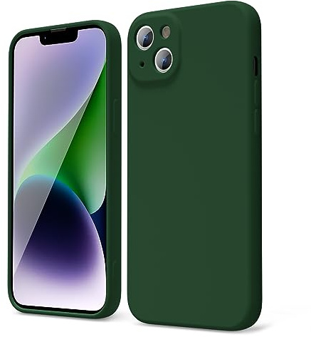 oakxco for iPhone 14 Plus Phone Case Liquid Silicone, Cute Thin Slim Soft Rubber TPU Plain Smooth Gel Cover for Women Girl, Matte Solid Protective & Shockproof, Dark Forest Green