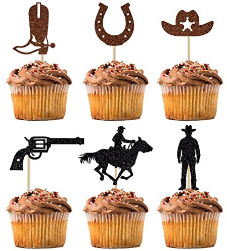 BIABISD 12 PCS Cowboy Cupcake Toppers Glitter HorseShoe Cowboy Hats Boots Gun cowboy Cupcake Picks Western Theme Birthday Party Cake Decorations Supplies (12 PCS Cowboy)
