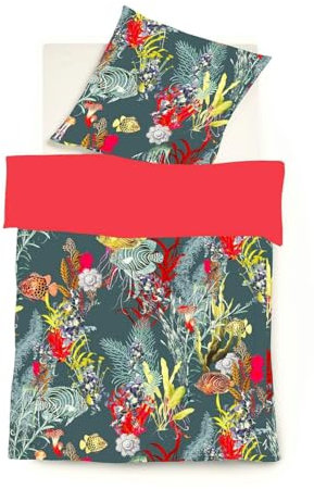 JACK by Fleuresse Mako Satin Wendebettwäsche 2tlg. 135x200cm Fische Korallen, Farbe:Rot