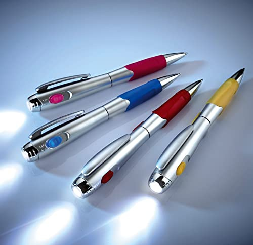 mysmartbuy.com 4 x Pen Torches – Pocket Sized Black Ink Ballpoint Pens with Built-In Flashlights In Pink, Yellow, Blue and Red Designs – Measure 14cm Long, Batteries Included