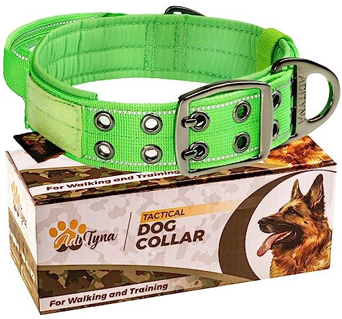 ADITYNA Robustes Hundehalsband für große Hunde, reflektierendes grünes Halsband mit Griff für Training und Spazierengehen, breit, dick, taktisch, weiches Neopren gepolstert