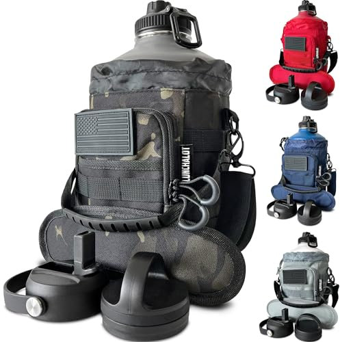 LUNCHALOT Bouteille d'eau isotherme de 3,8 l – Pichet à eau en acier inoxydable avec support – Sac de transport – Poignée à bec verseur – Couvercles à paille – Garde au froid et au chaud – Bouteille