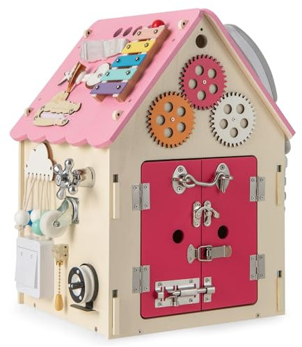 COSTWAY Kinder Spielhaus aus Holz, pädagogisches Spielzeughaus mit Sinnesspielen und Stauraum, sensorisches Lernspielzeug Montessori für die Feinmotorik, Aktivitätswürfel für Kinder ab 3 Jahren (Rosa)