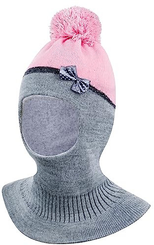 Smarilla Wintermütze Schalmütze Strickmütze Schlupfmütze warme Mädchenmütze Bommelmütze, Größe: 50-52, Farbe: Rosa-Grau