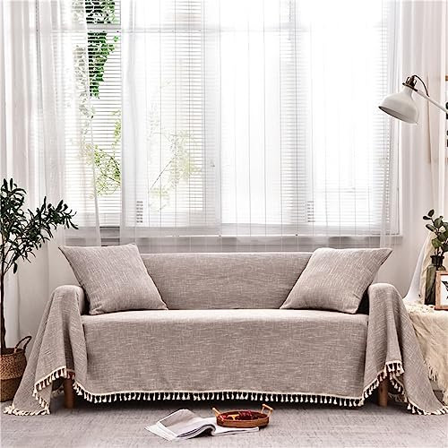 Homxi Sofaüberwürfe 3 Sitzer,180x300CM,Sofa Überzug Decke Einfarbig mit Quaste Leinen Baumwolle Sofa Überwurf Sofa Handtuch Grau Sofahusse Überzug