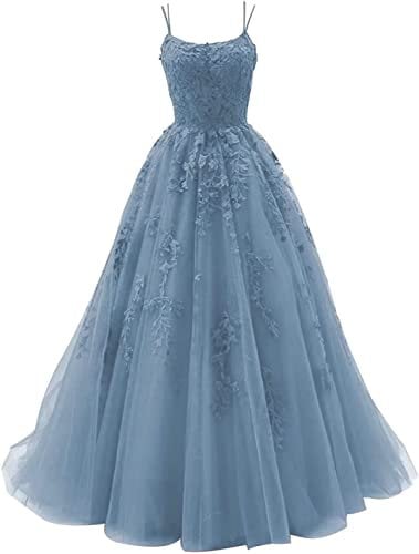 Vestidos de Fiesta de Tul con Tirantes Finos de Mujer Vestido Largo con Apliques de Encaje Vestidos de Noche Formales