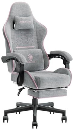 Dowinx Silla Gaming Ergonómica de Tela con Cojín de Muelles, Silla Gamer con Reposacabezas, Soporte Lumbar y Reposapiés, Soporta 150kg, Ideal para Gaming y Oficina, Gris y Rosa