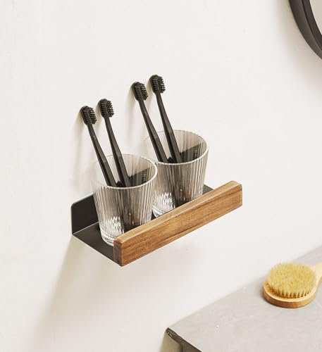 An der Wand montiert Schwimmend Metallregal Ledge,Schwarz Badezimmer Regal Wandhalterung Regal dekorieren mit Massivholz Kanten Platzeinsparung Rostfest Extra stark Schwebende Regale Lagerregal(20CM)