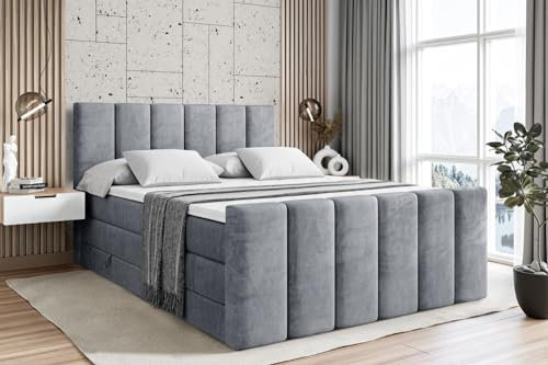 ALTDECOR Boxspringbett mit Matratze und Lattenrost, Topper, Fußteil,Polsterbett mit Bettkasten, Bett mit Stauraum H3- und H4- Matratze, Doppelbett, Springboxbett - BOXI1-Z King - 160x200 - Grau Samt