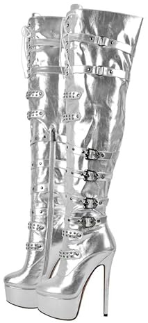 blingqueen Women's Platform Thigh High Boots with Zipper Stiletto Heel Over The Knee High Boots Lace Up Punk Motorcycle Boots Buckles Chains Rivets Ornamented Long Shaft Metallic Boots Silver Size 10
