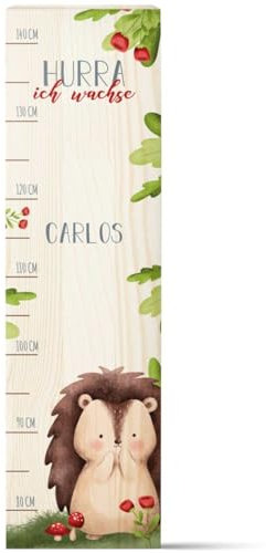 GRAVURZEILE Messlatte für Kinder aus Holz - Tiergruppe Wald - mit Namen für Kinderzimmer - Skala misst 80-140 cm - Größe 20 x 70 x 2 cm - Geschenk zur Geburt für Mädchen & Jungen - Igel