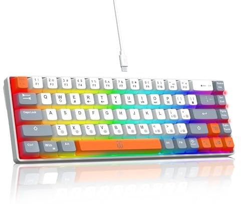 Snpurdiri 60% Percent Gaming Keyboard, Ergonomic Compact RGB Backlit Small Gaming Keyboard for Windows, PC, Laptop (68 Keys, White-Grey-Orange)