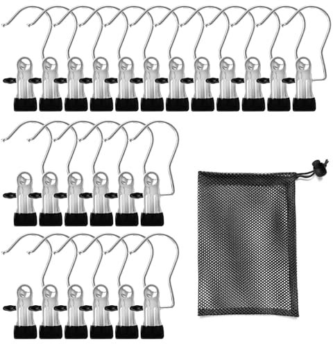 Littlegaofeithing - Gancho de Ropa portátil, 24 Unidades, Perchas con Bolsa de Almacenamiento, para Pantalones Zapatos Toalla, Plata/Negro