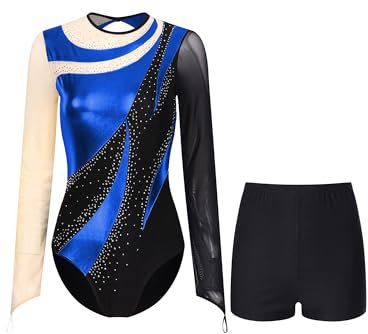 Yhong Damen Gymnastikanzug 2 Pcs Langarm Glitzer Tanz body mit kurze leggings Set Rückenfrei Eiskunstlauf Turnanzug Tanzkleidung Blau S