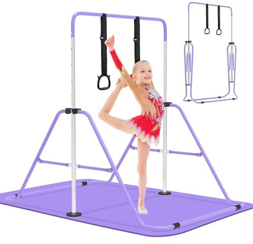 EVERYMILE Gymnastikstangen mit Matte, Junior-Trainings-Kip-Bar, Gymnastikausrüstung für Zuhause, höhenverstellbar, zusammenklappbar, horizontale Stange mit Gymnastikringen