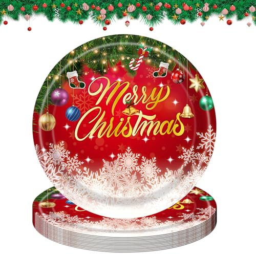 DiiWmme 16 Pcs Assiettes en Papier de Noël 9 Pouces - Père Noël Rouge, Elk - Vaisselle et Décorations de Table pour Fête (B)