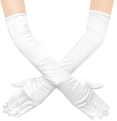 JUNART Long Satin Gloves,Elegant Elbow Length Gloves for Opera Party, Wedding, Evening Dresses,Carnival Costume, Dance (White)