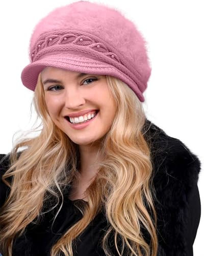 CheChury Damen Wollmütze Winter Mütze Warme Strickmütze Frauen Beaniemütze Retro Schirmmütze Grobstrick Frauen Kaschmir Mütze Damen Bowler Hut Winter Strickmütze mit Schirm Damen Barett Fleece,Rosa