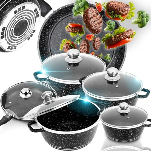 Retoo Topfset Kochtopfset Aluminium Kochgeschirr 12-teilig 4 Kochtöpfe 1 Bratpfanne 5 Glasdeckel 2 Handschuhe Keramische Be-schichtung 20/24/28/32 cm Schwarz