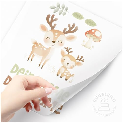 Moonworks® Bügelbilder Set für Kinder Waldtiere Personalisiert Tiermotive Wunschname Patches zum Aufbügeln auf Textilien Reh weiß standard