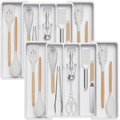 Lifewit 2er-Set Besteckkasten für Schubladen, Großer Utensilienständer Erweiterbar auf 57 cm, Küchenutensilienhalter Tiefe 38 cm, Kunststoff Besteckhalter Küche Organizer für Messer/Gabel, Weiß
