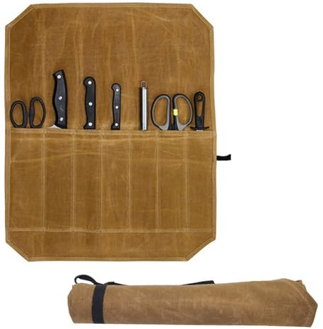 HAPPOW Chef Knife Roll Bag, Heavy Duty 12OZ Waxed Canvas, 7 Slots Portable Knife Storage Case for Chefs,Gifts for Pro Chefs or Culinary Enthusiasts,Gifts for Men(Khaki)
