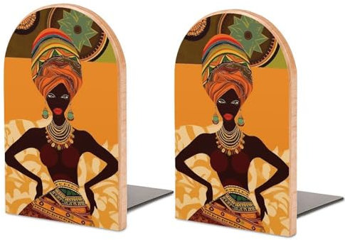 Serre-livres réglables en bois de hêtre et fer, motif femme africaine, support de livre peu encombrant avec base résistante aux rayures pour étagères