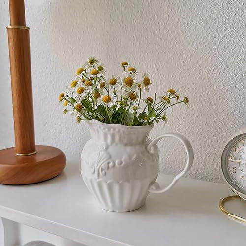 Hengqiyuan White Ceramic Jug Vase Vintage Farmhouse Flower Vase 11.5Cm Tall With Handle Large Mouth For Wedding Christmas Thanksgiving Gift Holiday Decoration Centerpiece Table