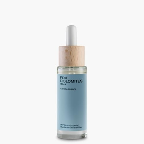 FD Dolomites Intensive Serum, Tropfen aus 100 % reiner Hyaluronsäure, Serum mit sofortiger Wirkung. Das Lifting löscht die Jahre auch von der Augenkontur. Parfümfrei. 30 ml