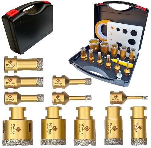 Waies 13-teiliges Diamantbohrer-Set, Trocken-/Nasslöten, Hohlbohrer-Lochsägen-Set, 11-teiliges Lochöffner mit Lochsägenführungsvorrichtung, geeignet für Keramik, Glas, Fliesen, Gips, Marmor, Granit