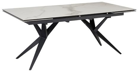 Mesa de comedor extensible 180-260 cm de cerámica y cristal blanco | mesa de cerámica con aspecto de mármol grande | mesa de cocina rectangular | mesa de comedor extravagante con patas de metal