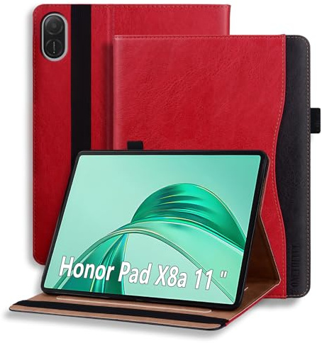 ONETHEFUL Tablet Case for Honor Pad X8a/X8b 11 2024/2026 - Protective PU Leather with Multi-Angle Adjustable Stand, 2 Card Slots, Pen Holder | Red