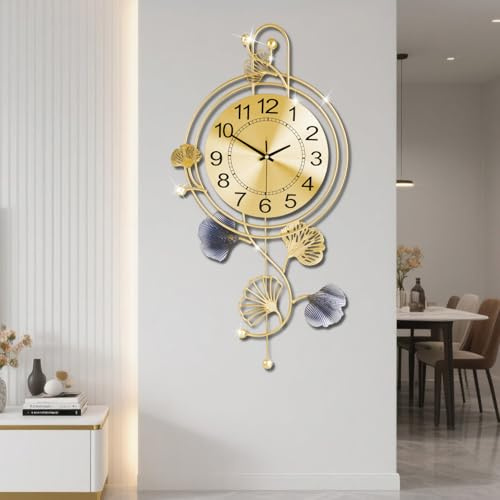 Coslife Wanduhr mit Goldenem Zifferblatt, Grünem Blatt-Schaukel-Design, Leises Uhrwerk, Metallrahmen und Schwarze Zeiger für Heim-/Bürodekoration