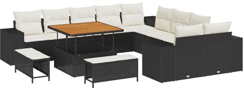 vidaXL Garten-Sofa-Set mit Kissen mit Kissen 13 pcs Schwarz und Creme, Garten- und Terrassenlounge, modernes Outdoor-Sofa, verstellbare Füße, Stauraum für Frühling und Sommer