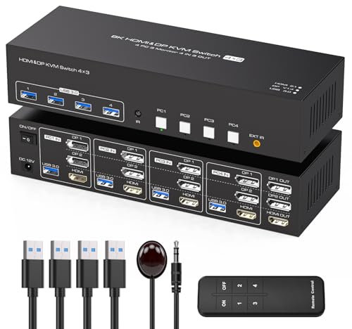 TJCXELE 8K60Hz 2Displayport+HDMI KVM Switch 3 Monitors 4 Computers USB 3.0 Triple Monitor KVM Switches DP1.4+HDMI2.1 Sharing Triple Monitors and 4 USB Devices with Remote Control&Cables