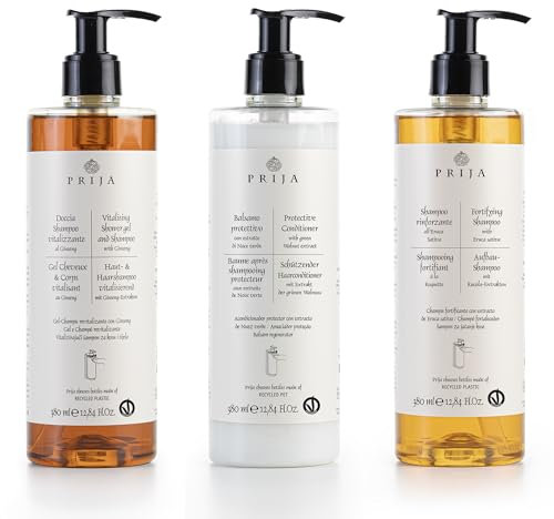 Prija Haar Set 3x 380 ml Haarshampoo vitalisierend mit Ginseng, Aufbaushampoo mit Rucola Extrakt, Pflegespülung schützend mit grüner Walnuss-Extrakt, Hair & Body