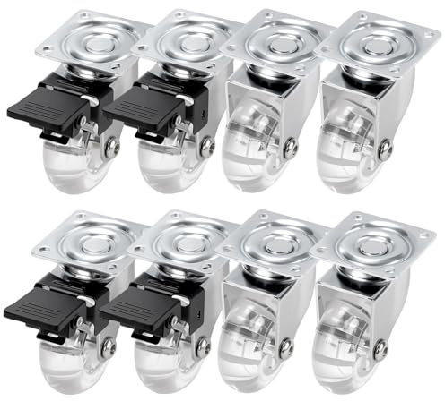 SINJEUN 8 Stück Möbelrollen 50mm, 4 Rollen mit Bremse und 4 ohne Bremse, 2 Zoll Lenkrollen für Bürostuhl