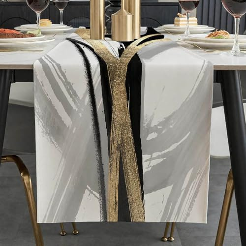 ViaElayu Tischläufer Modern Schwarz Gold Herbst Abstrakte Boho Tisch Läufer Gestreift Vintage Abwaschbar Geometrische Grau Table Runner für Esszimmer Küchentisch Party Urlaub Tischdeko 40 x 140 cm