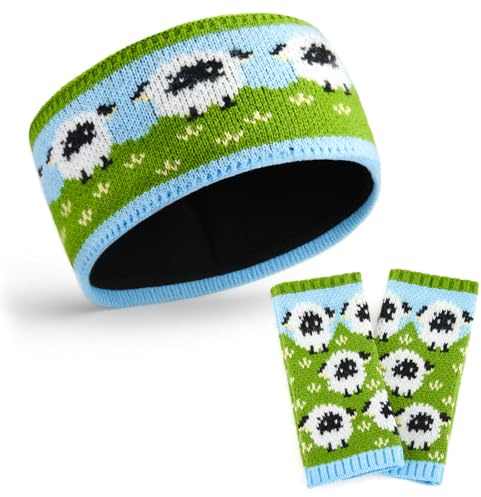 Xuniea Women Wool Ear Warmer Headband with 1 Pair Hand Wrist Warmer Cute Sheep Gift Set Handmade Soft Winter Fleece Lined Hand Knitted Multicoloured Head Wrap Hair Bands One Size Extra Warm