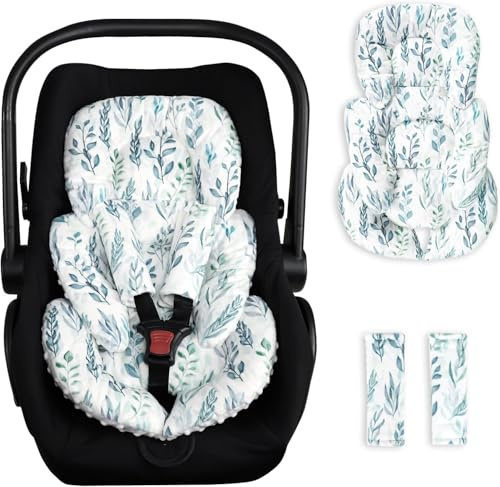 Hooyax Baby Autositz-Kissen, Kopfstütze für Babyschalen mit 2 Polstern für Gurte, weiches Sitzkissen für Neugeborene für Kinderwagen, Schaukeln, Babywippen, Green Leaf
