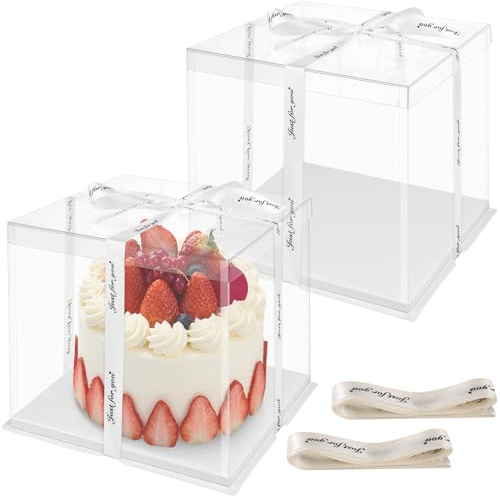 Ezvsevuo 2 Stück Tortenbox Transparente 30x30x25cm,Geschenkbox Durchsichtig für Kuchen,Tortenkarton Hoch,Tortentransportbox mit Weiß Sockel und Band,Kuchenbox Tortenschachtel für Kuchen,Gebäck