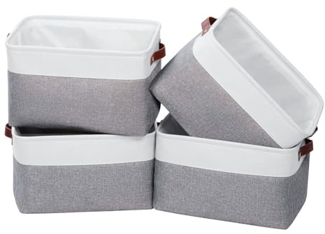 Syeeiex 4 packs Fabric Storage Basket, Large Baskets with Leather Handles