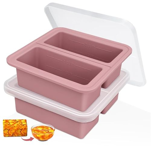 2 Pack Silicone Freezer Moulds With Lid, Reusable Soup Freezer Containers | 2 Cavity Ice Cube Trays, BPA Free, Machine Washable, Soup Containers for Food Prep, Large Ice Cubes, Fridge & Oven Safe, Pink