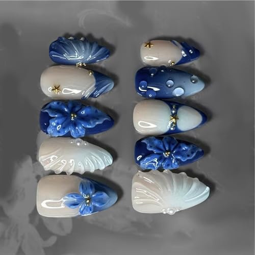 24Pcs Comfort Fit Artificial Nails Blue Lilies Bubble Stripe Pearls ABS for Sweet Elegant Styles Instagrams Nails